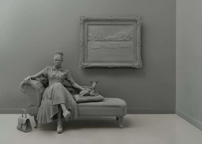 Almine Rech_ Hans Op de Beeck, Cécile, 2026, life-sized sculpture, mixed media. Seascape, 2022, polyester. © Hans Op de Beeck, Courtesy of the Artist and Almine, Photo Hans Op de Beeck Studio-2